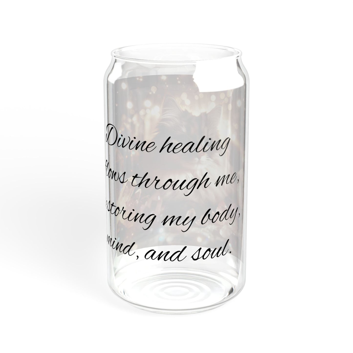 Glass Tumbler with Cat and Crystals Design, 16oz