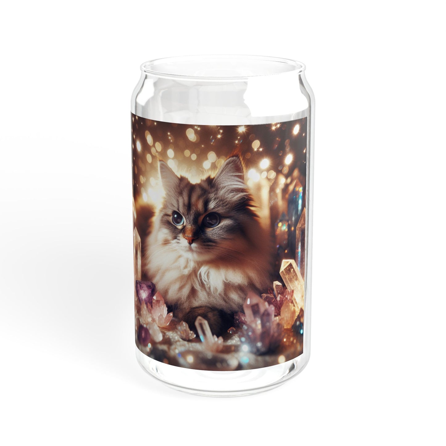 Glass Tumbler with Cat and Crystals Design, 16oz