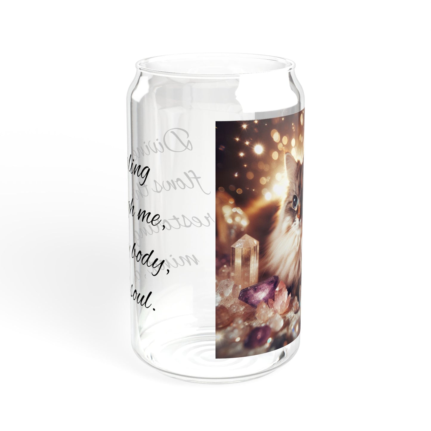 Glass Tumbler with Cat and Crystals Design, 16oz