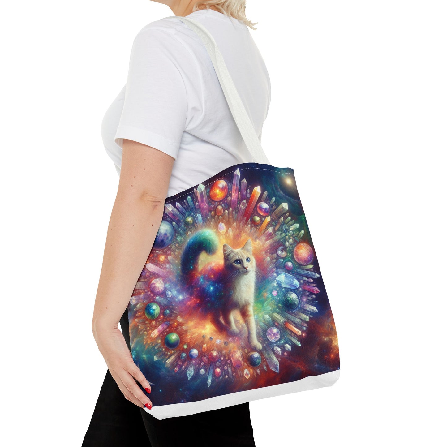 Colorful Cat Tote Bag with Crystals and Inspirational Quote