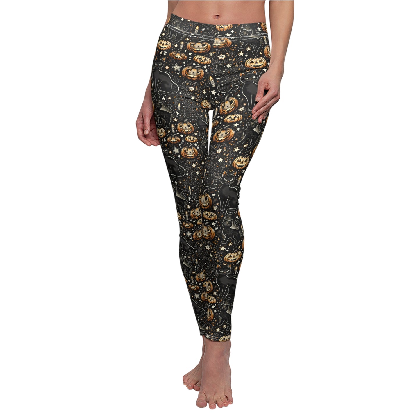 Leggings - Black Cat, Jack-o-Lantern, and Stars Print