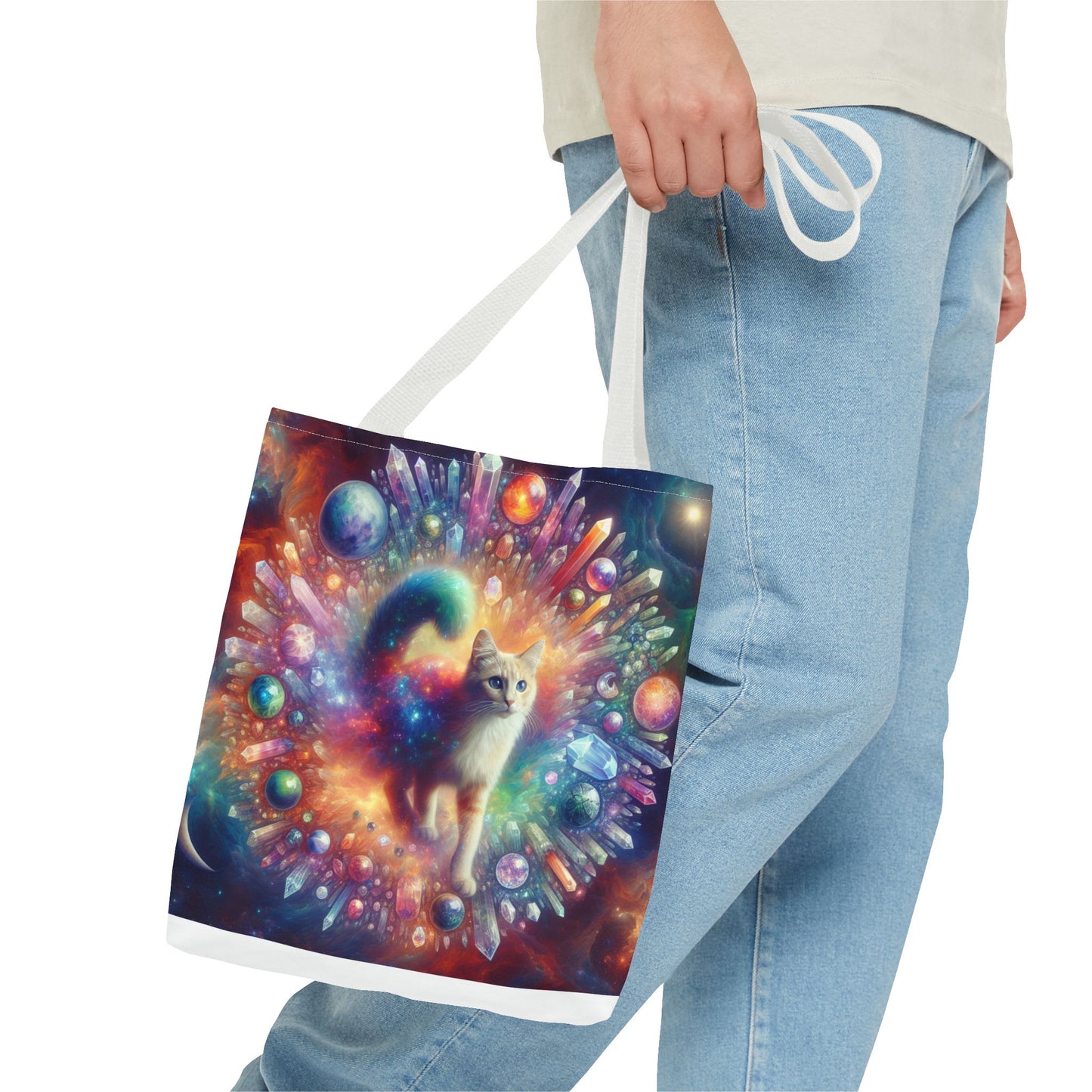 Colorful Cat Tote Bag with Crystals and Inspirational Quote