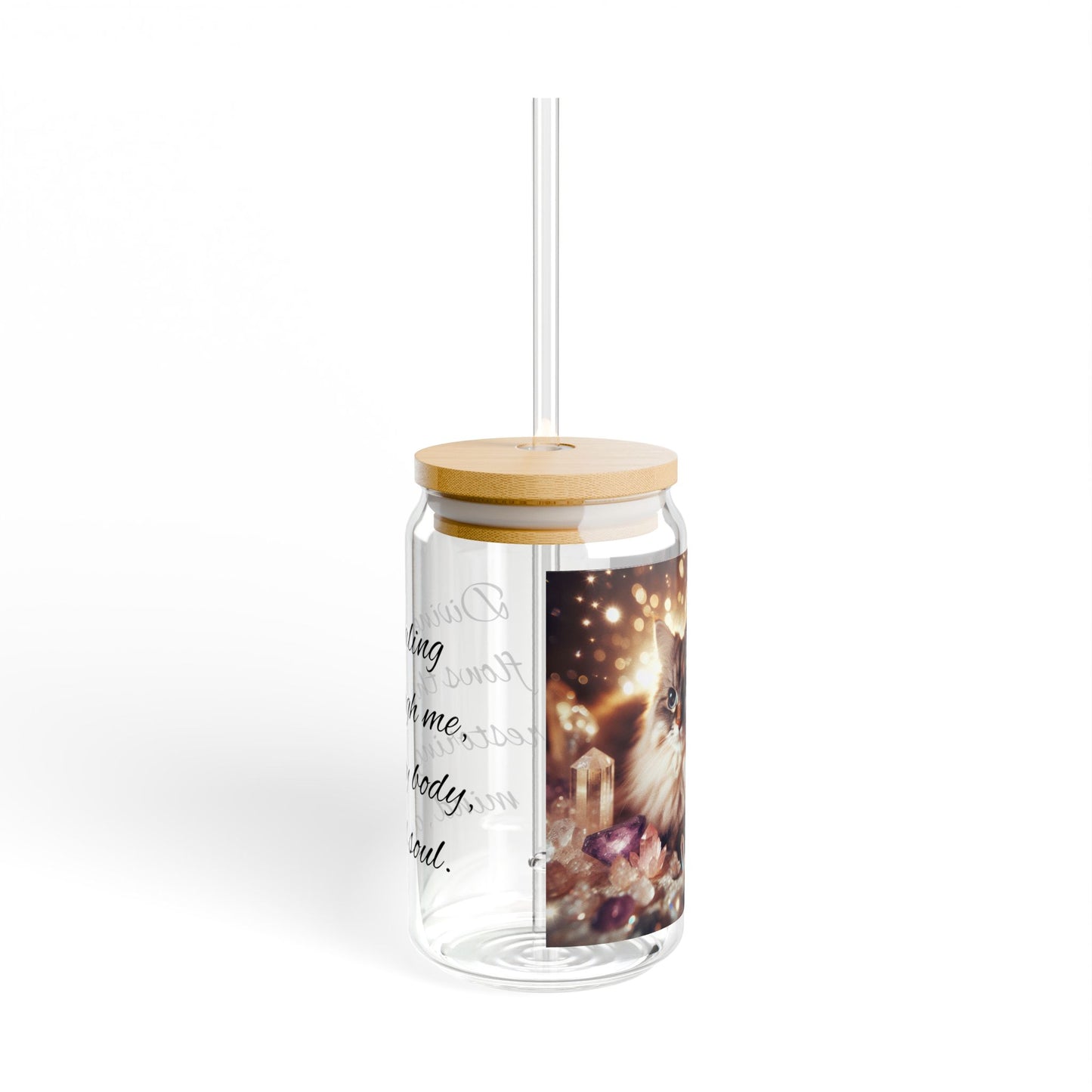 Glass Tumbler with Cat and Crystals Design, 16oz