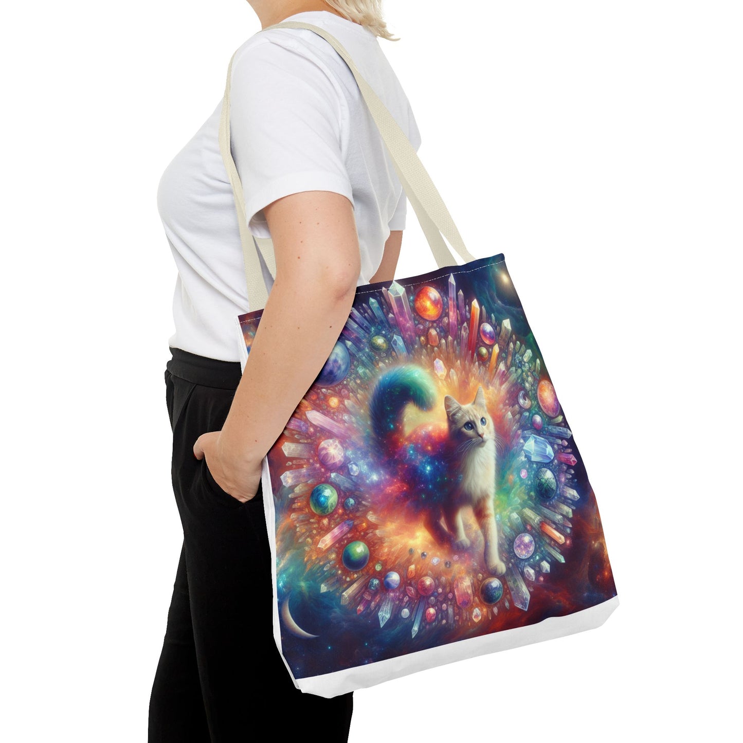 Colorful Cat Tote Bag with Crystals and Inspirational Quote