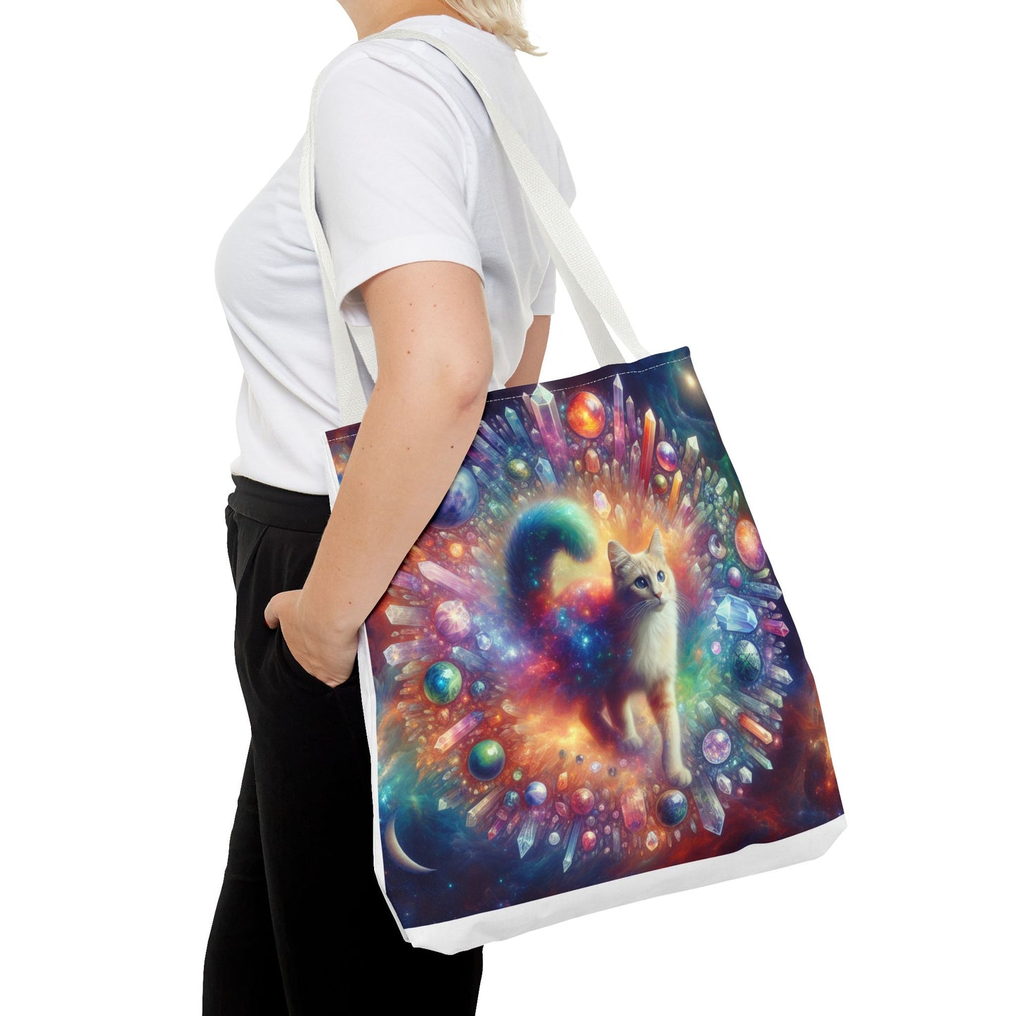 Colorful Cat Tote Bag with Crystals and Inspirational Quote