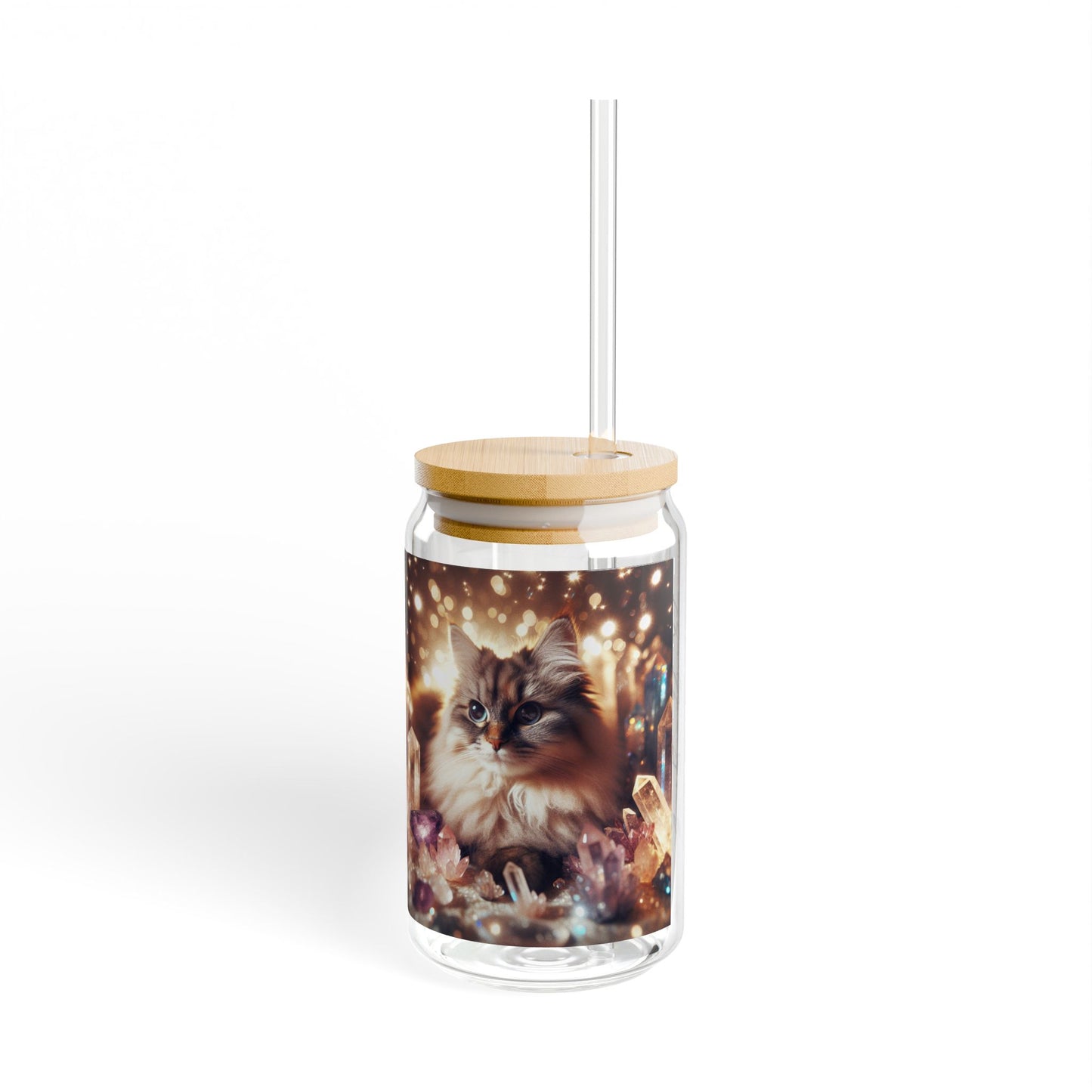 Glass Tumbler with Cat and Crystals Design, 16oz