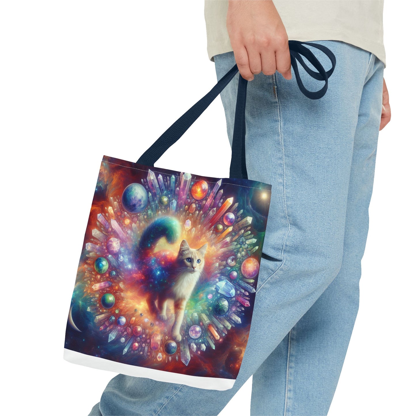 Colorful Cat Tote Bag with Crystals and Inspirational Quote