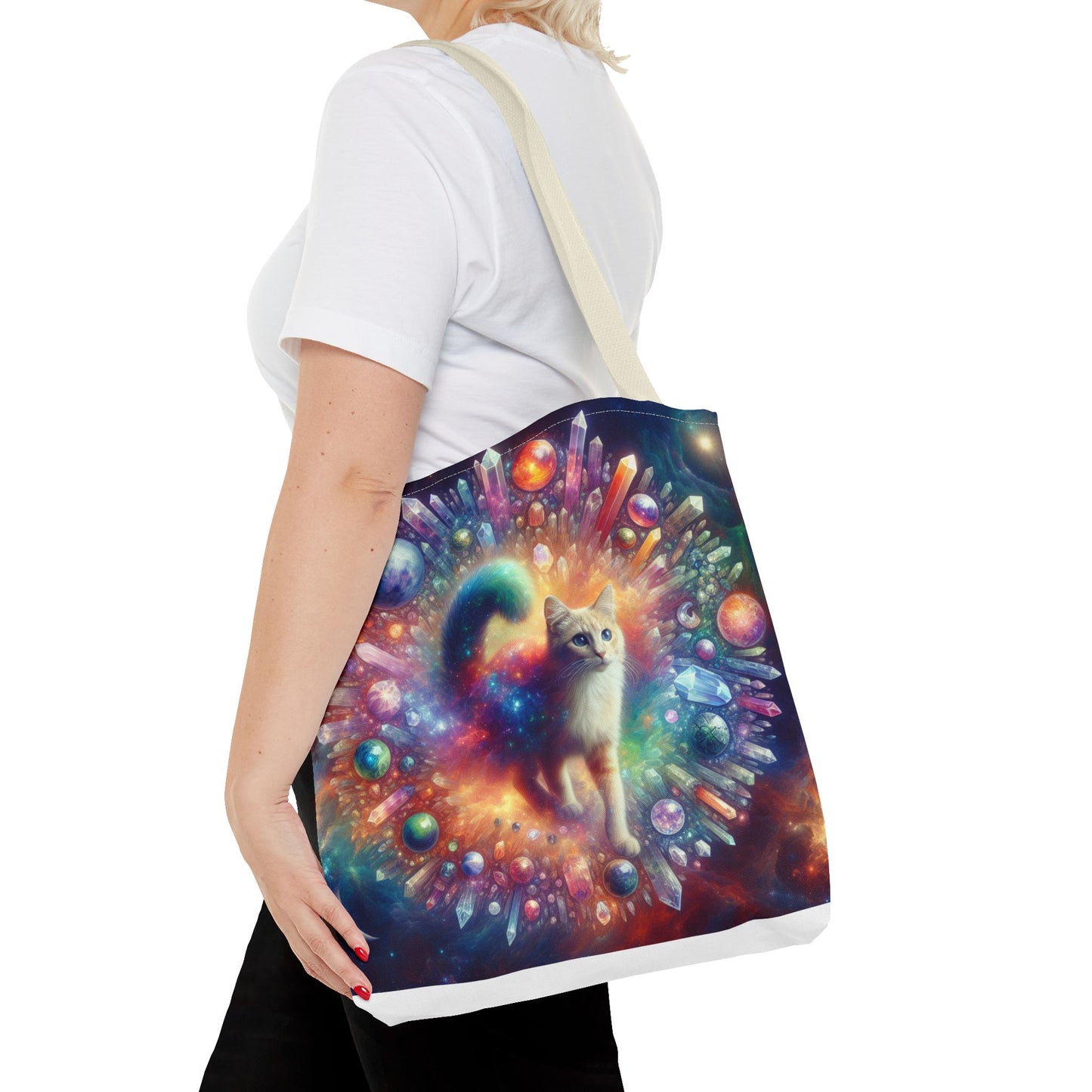 Colorful Cat Tote Bag with Crystals and Inspirational Quote