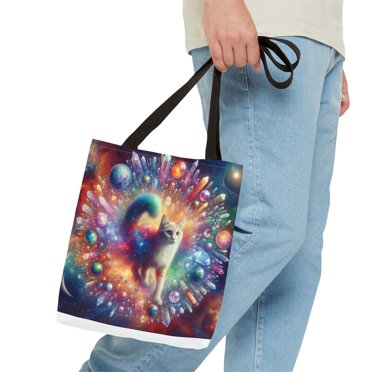 Colorful Cat Tote Bag with Crystals and Inspirational Quote