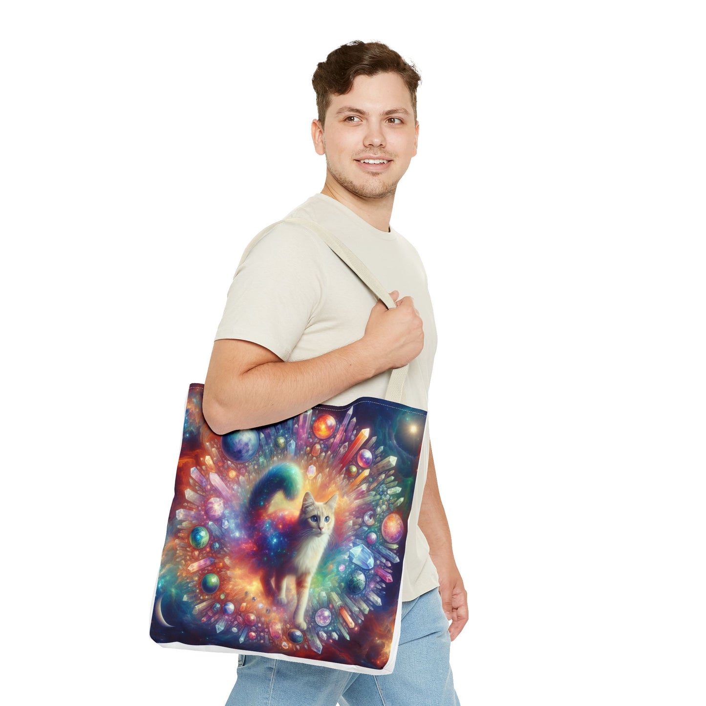 Colorful Cat Tote Bag with Crystals and Inspirational Quote