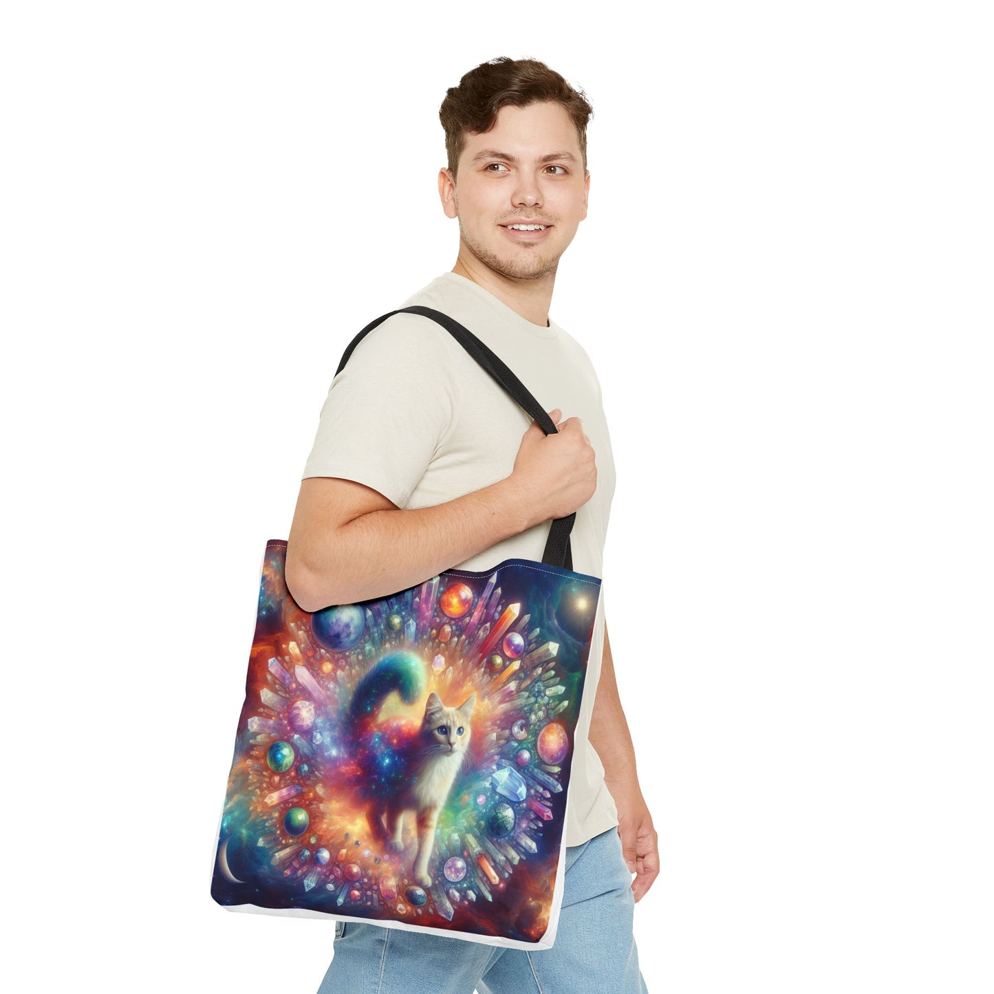 Colorful Cat Tote Bag with Crystals and Inspirational Quote