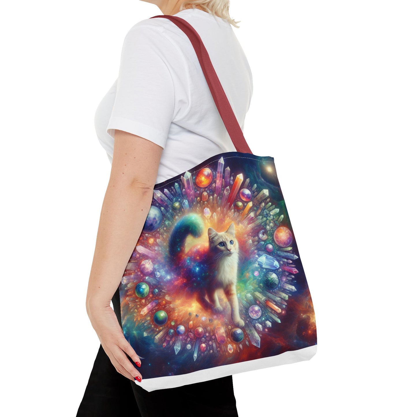 Colorful Cat Tote Bag with Crystals and Inspirational Quote