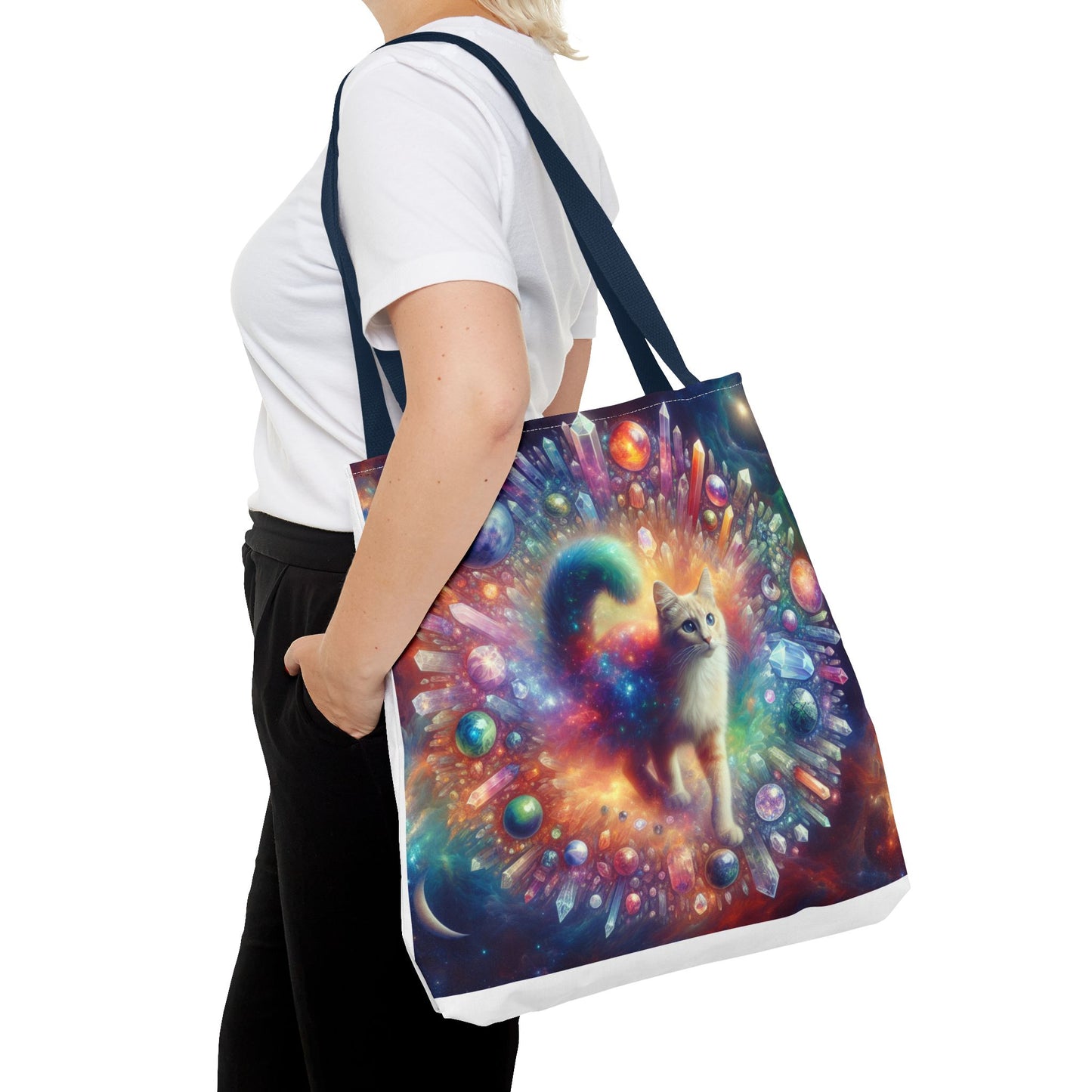 Colorful Cat Tote Bag with Crystals and Inspirational Quote